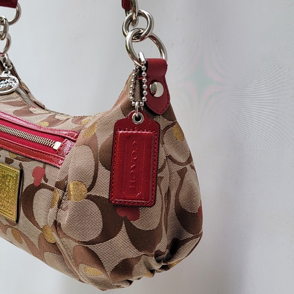 Coach Poppy Monogram Gold Sparkle Dots. Red Hearts &Trim Bag - Picture 7 of 16